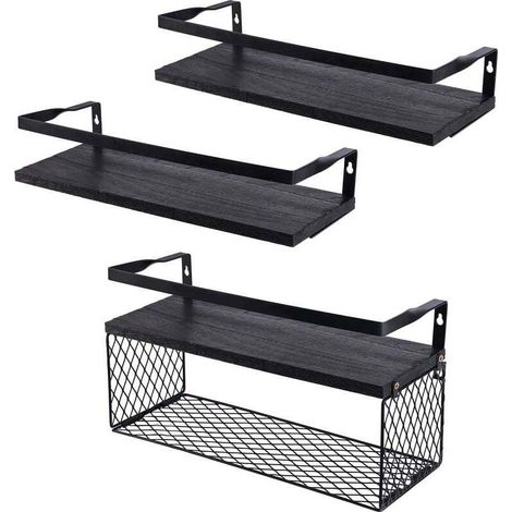 Shower shelf and storage, floating shelves with wire storage basket, bathroom shelves above the toilet with metal railing (1/4)