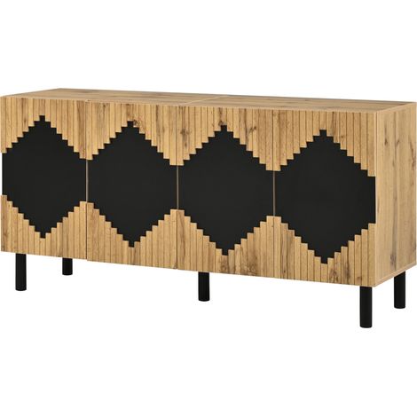 Credenza moderna 140x40x70 cm in MDF e pannello truciolare, naturale e nero, con ante push-open (1/5)
