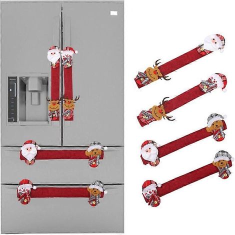 Fundas navideñas para manijas de refrigerador MIMIGO, juego de 4 fundas de vellón 3D para refrigerador de doble puerta, decoraciones para manijas de cocina, microondas y lavavajillas, color rojo. (1/2)