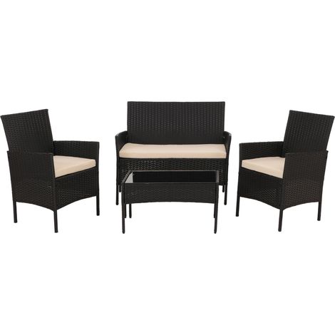 Ensemble de jardin en poly rotin HHG-069, ensemble de salon, métal verre tissu/textile (180g/m²), anthracite, coussins creme