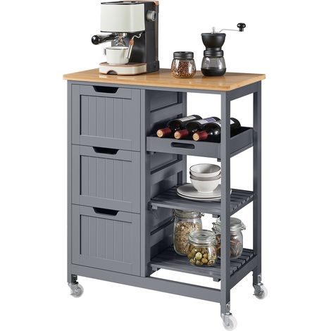 Yaheetech Carrello Cucina con Ruote 3 Cassetti 3 Ripiani in Legno e bambù Salvaspazio Porta Microonde Spezie 67cm x 37cm x 84,5 cm Grigio Scuro (1/5)