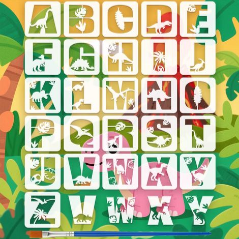 26Pcs Pochoir de Peinture Alphabet Dinosaure Avec Pinceau 20x20cm Modèle de Dessin de Silhouette de Dinosaure Feuilles Décoratives Arbre Pochoir Modèle Thème Alphabet pour DIY Bois Décor (1/5)