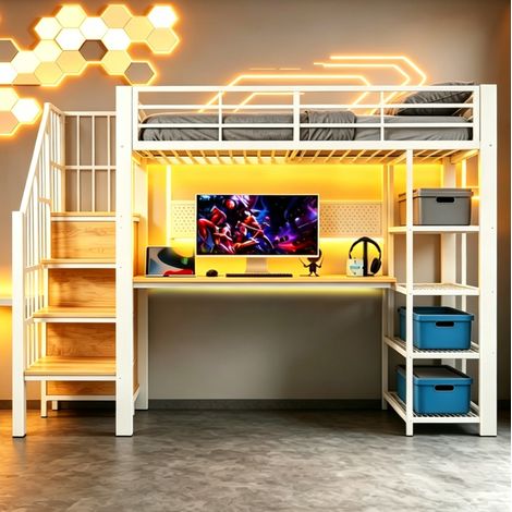 Hochbett 90x200 mit Treppe, LED und Steckdosen OKMYHOME (1/5)