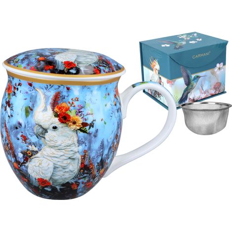 Tazza in porcellana a forma di barile con coperchio a forma di pappagallo cacatua, ideale per caffè o tè. (1/5)