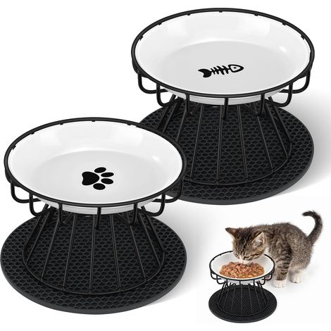 Erhöhter Katzennapf, 2er-Set, hohe Katzennäpfe aus Keramik, Katzennäpfe mit Metallstütze und rutschfester Matte, Schutz für den Gebärmutterhals, Schwarz