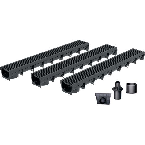 MEA Pack de 3 : Caniveau extérieur avec Grille en Plastique recyclé Noir MEAPARK - Caniveaux pour terrasse, Piscine, Jardin - Largeur utile 10cm – Passage piéton