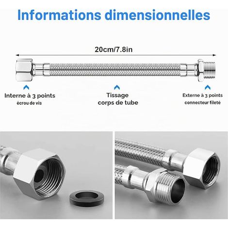 Tuyaux de Raccordement Flexibles Robinets, Tressé Acier Inoxydable Rallonge Lavabo Tubes, pour Salle de Bains Robinets de Toilettes Évier de Cuisine Tuyaux d'Entrée d'Eau (1/2)