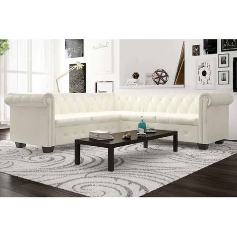 vidaXL Canapé d'angle Chesterfield 5 plc Cuir artificiel Blanc (1/5)