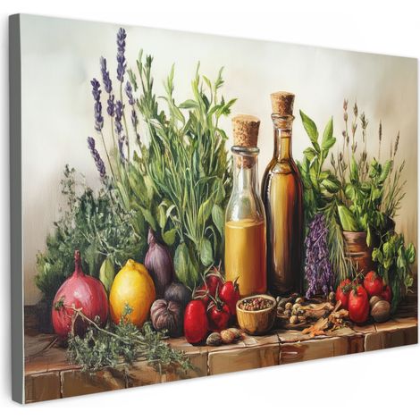 TABLEAU SUR TOILE Nature morte - Herbes - Épices - Fruits - Coloré Toile Peinture Grand Format XXL 150x100 cm