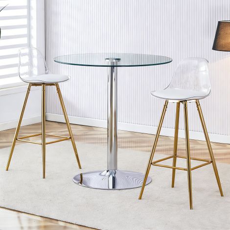 Ensemble bar verre rond 89cm 2 bancs argentés compact moderne cuisine bar (1/4)