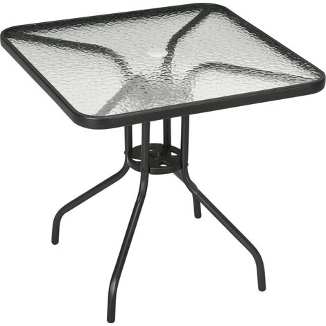 Square Garden Dining Table with Tempered Glass Top & Umbrella Hole, 76 x 76 cm