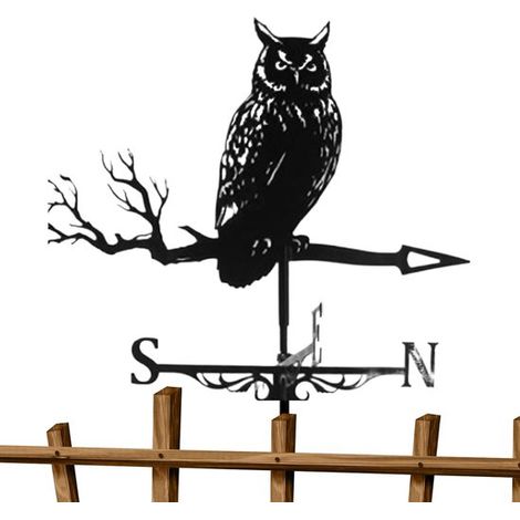 Bandierina segnavento in metallo con sagoma dettagliata di gufo su un ramo. Indicatore meteo decorativo per giardino, tetto e aree esterne. Nero, resistente all'umidità. (1/5)