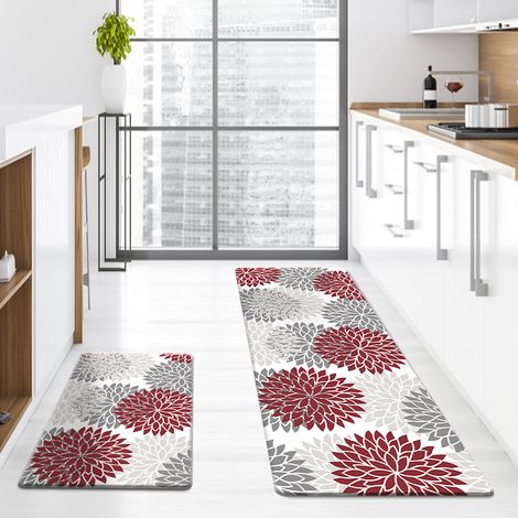 Floral Pattern PU Leather Long Strip Kitchen Floor Mat, Waterproof, Oil-proof, Non-slip, Home Entryway Door Mat - Bright Red with Floral Pattern - 40601.0CM