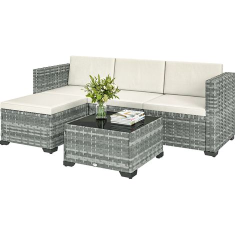 Salon de jardin en polyrotin 5 pièces canapé d'angle tabouret table coussins gris blanc crème