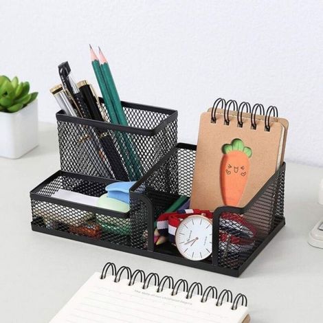 Porte-Stylo - 3 Compartiments - Fer Forgé - Grille Métallique - Noir Ou Blanc - 12 cm H × 9 cm Diam - 280 g (1/5)