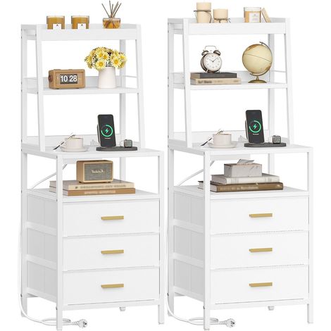 Table de Chevet Lot de 2, Table de Nuit avec Étagère de Rangement, 2 Prises CA et 2 Ports USB, Tables d'Appoint avec 3 Tiroirs en Tissu, pour Chambre à Coucher, Salon, Blanc