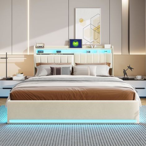 Lit 140x190 cm Beige - LED - sommier à lattes - tissu en velours - cadre de lit double - lit adulte et lit coffre (1/5)