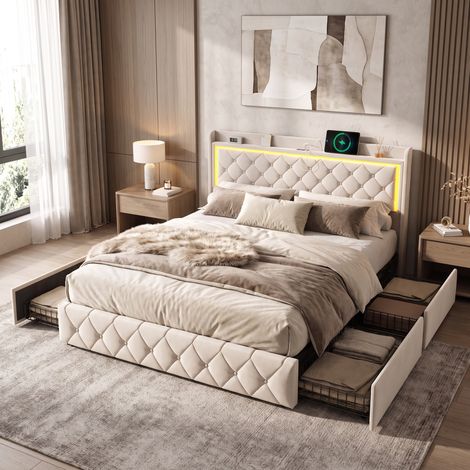 Superaly Lit Double Capitonné 140x190 cm, 4 Tiroirs de Rangement à Cadre Métallique, Tête de Lit avec LED et Ports USB pour le Rangement, Lit Adolescent de Moderne, Sommier à Lattes, Velours, Beige (1/5)