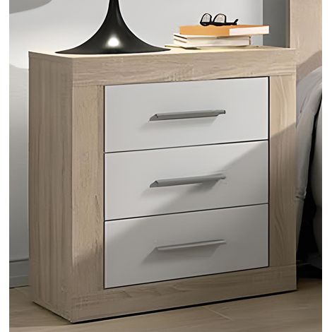 Pegane – Table de chevet chêne cambrian et blanc – 3 tiroirs – Dimensions 50 x 34,6 x 60 cm – Panneau de particule mélaminé (1/3)