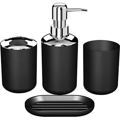 4-teiliges Badezimmer-Accessoire-Set aus Kunststoff, WC-Bürsten-Set mit Zahnbürstenhalter und Zahnbürstenbecher (Schwarz) (1/5)