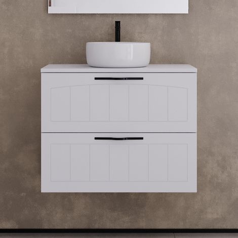 Meuble de salle de bain 60cm avec plateau et vasque à poser ronde - 2 tiroirs - sans miroir - blanc - PIA (1/5)