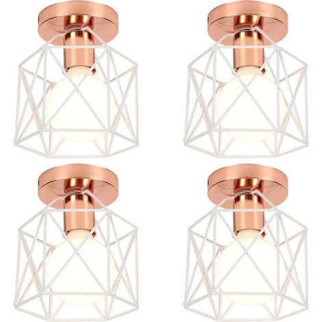 4pcs Plafonnier Industrielle,Lampe de Plafond Vintage Abat-jour en Cage Carré 15cm Luminaire Fer Rétro Style Edison,Blanc (1/5)
