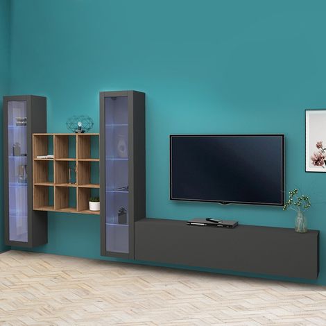 Parete Attrezzata Moderna per Soggiorno 350x30x180cm - ECHO - Colore: antracite opaco (1/5)