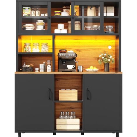 Buffet haut Cuisine avec éclairage intelligent,3 étagères ajustables,Port USB,Rangement snacks, Anti-basculement,140×40×185 cm,Noir (1/5)