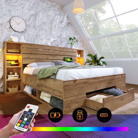 Lit double 160x200 cm avec éclairage LED et USB,lit coffre adulte tête de lit et tiroirs de rangement cadre de lit,chêne (1/5)