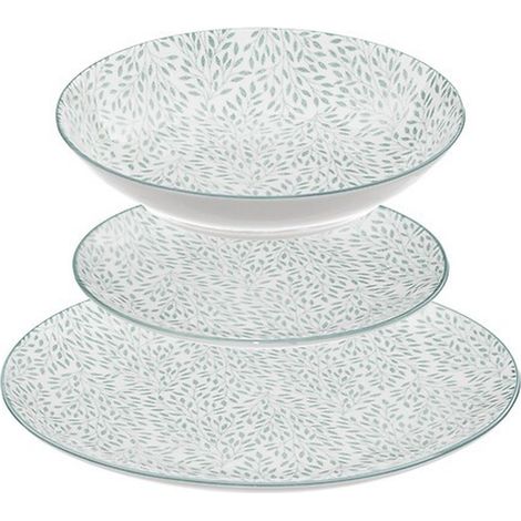 Service vaisselle en porcelaine 18 pièces – 6 assiettes plates, 6 assiettes creuses, 6 petites assiettes – Imprimé subtil, forme ronde – Secret De Gourmet (1/5)