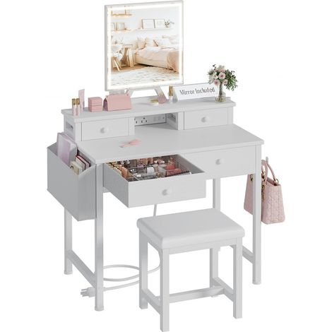 Makeup Vanity Desk Set with LED Mirror, Lights & Chair, Small Space Makeup Dresser with Drawers & Power Outlet for Girls Bedroom