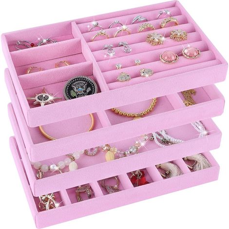 Ensemble de rangement pour bijoux 4 pièces, organisateur de tiroir empilable, idéal pour ranger boucles d'oreilles, bracelets, colliers, montres, cosmétiques, bagues et autres bijoux. Rose. (1/5)