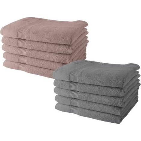 Lot de 10 Serviettes de Toilette - TODAY - 50 x 90 cm - 100% Coton - 5 Rose, 5 Acier (1/2)
