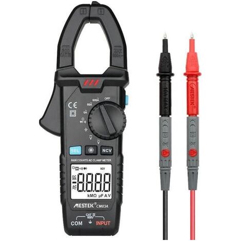 Digital clamp meter, TRMS 6000 counts, 800 A DC, AC current, AC/DC voltage, NCV, continuity, capacitance, resistance, frequency, diode, Hz test, with 1 test pair.
