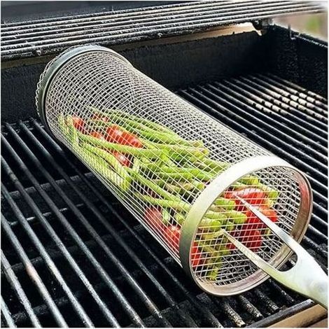 Panier à Griller Portable en Acier Inoxydable pour BBQ Extérieur – Cylindre de Grillage 200 x 90 mm – Idéal pour Légumes, Fruits et Poissons (1/5)