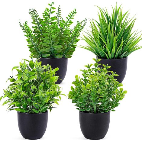 Lot de 4 plantes artificielles décoratives, Petites plantes en pot – Sans entretien, ne décolore pas – Idéal pour bureau, cuisine, salon, chambre (1/5)