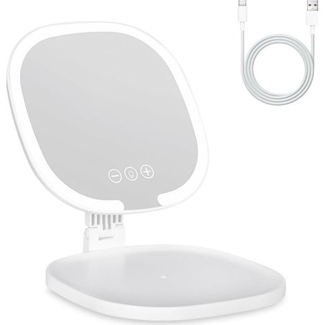 Miroir de maquillage lumineux avec LED, portable et rechargeable, miroir Super HD avec écran tactile, miroir de maquillage pliable avec 3 modes d'éclairage (blanc) (1/5)