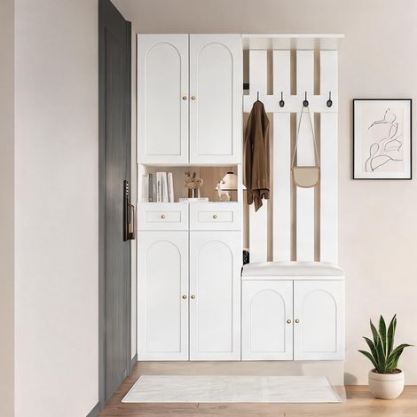 Ensemble vestiaire d'entrée blanc avec banc et 6 portes (1/5)