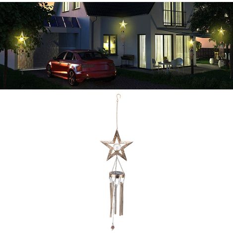Lampe de cour solaire, suspension carillon éolien en fer forgé ajouré, étoile (1/5)