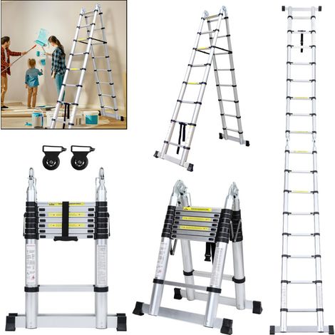 SWANEW Teleskopleiter Ausziehleiter Klappleiter Stabil Aluminium Stehleiter 2,5m+2,5m Silber ohne haken Mit Stabilisator Mit Rädern (1/5)