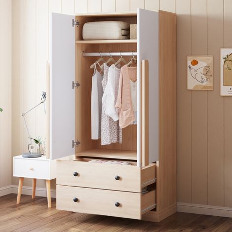 Armoire 7040170cm, modèle à double porte, avec tiroirs et compartiments de rangement, couleur bois + blanc (Ancienne référence : LDB00307AAN) (1/5)