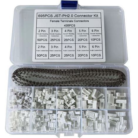 695 Pieces JST PH Connecteur Kit avec 2.0mm JST-PH 2/3/4/5/6 Pin Mâle et Femelle Connecteurs avec Bornes à Sertir 2mm Broches Terminals pour Projet Électronique et Réparatio