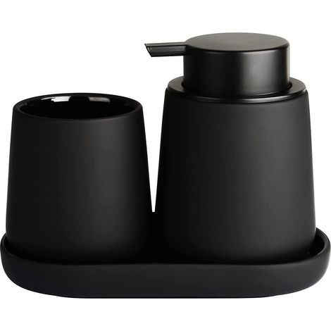 Ensemble d'accessoires de salle de bain noirs 3 pièces - Distributeur de savon moussant en céramique (Ensemble noir 3 pièces) (1/5)