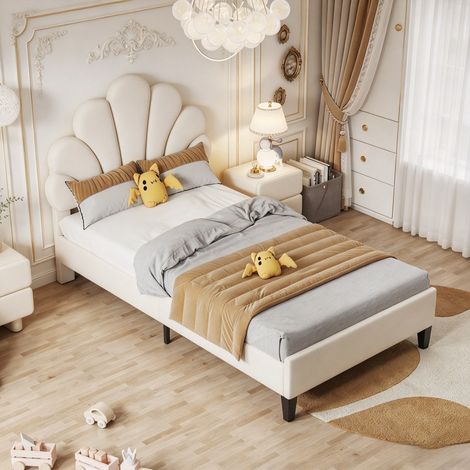 Lit simple 90x200cm-Tête de lit fleur-Sommier à lattes -Velours Beige-Capacité 200kg -Adapté enfants et adolescents (1/5)