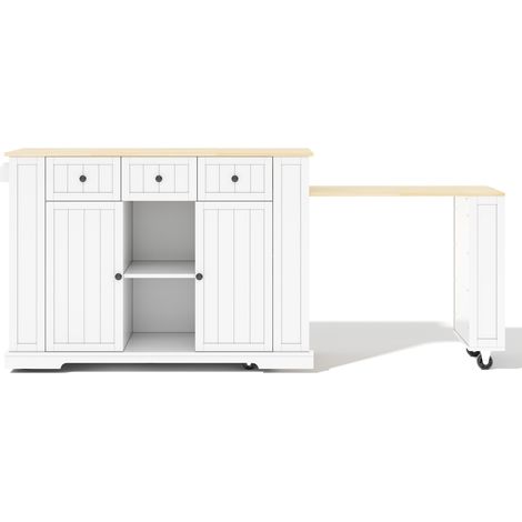 Îlot de cuisine mobile avec table escamotable 138(213) x 55 x 93 cm MDF blanc et naturel (1/5)