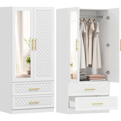 Armoire chambre penderie avec miroir, 2 tiroirs, 2 portes et barre de suspension, 80 x 50 x 180 cm, blanc (1/5)