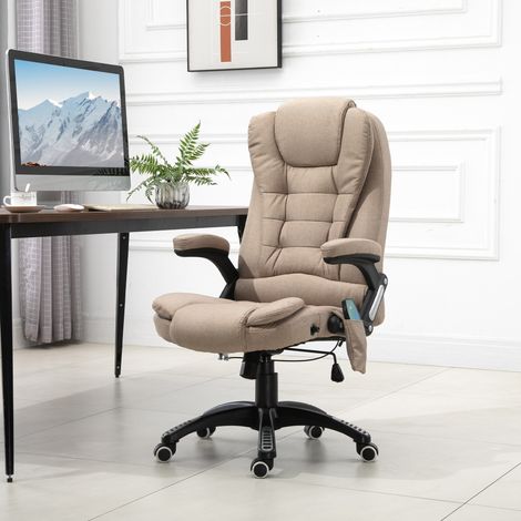 Vinsetto Fauteuil de bureau massant et chauffant, chaise de bureau, chaise ergonomique avec hauteur réglable, dossier inclinable et télécommande filaire, pivotant à 360° tissu en polyester beige