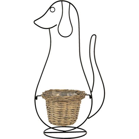 Porte-plante Chien en Fer Noir et Panier en Rotin, Cache-pot Décoratif Intérieur, 35x22x67 cm - PANGIVO (1/3)