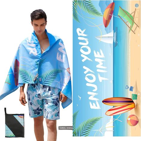 Serviette de Plage avec Étiquettes UV, Tapis de Plage, Matériau en Microfibre, sans Sable,Séchage Rapide, Conception en Corde Élastique, 150×75cm,bleu (1/5)