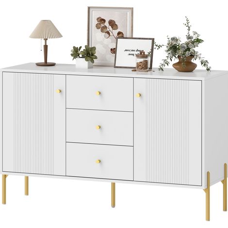 Buffet moderne, meuble bar à café avec 3 tiroirs silencieux, 2 étagères réglables, 5 pieds en acier, blanc (1/5)